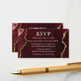 Waterverf Burgundy Marble Wedding RSVP QR Terug Informatiekaartje