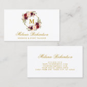 Waterverf Burgundy Marsala Floral Monogram Gold Visitekaartje (Voorkant / Achterkant)