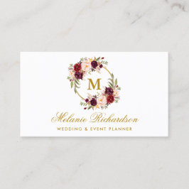 Waterverf Burgundy Marsala Floral Monogram Gold Visitekaartje