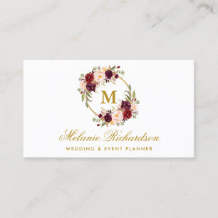 Waterverf Burgundy Marsala Floral Monogram Gold Visitekaartje