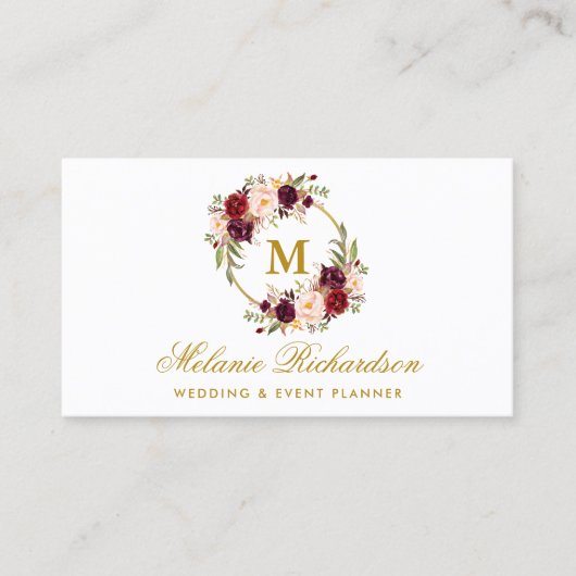 Waterverf Burgundy Marsala Floral Monogram Gold Visitekaartje (Voorkant)