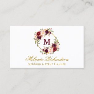 Waterverf Burgundy Marsala Floral Monogram Gold Visitekaartje
