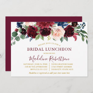 Waterverf Burgundy Mixed Floral Bridal Lunch Gold Kaart