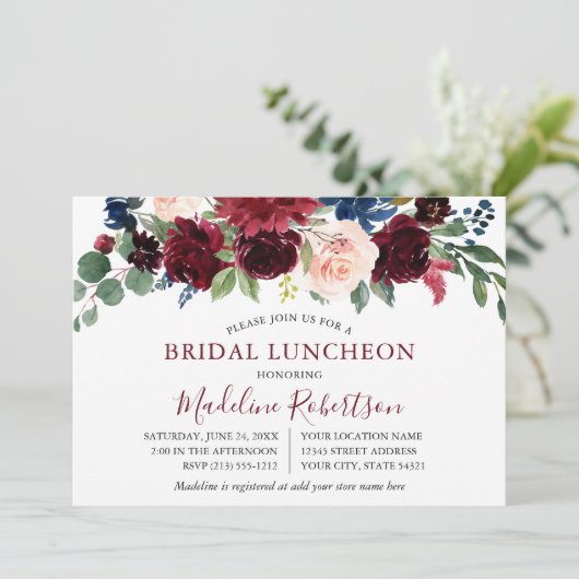 Waterverf Burgundy Mixed Floral Bridal Lunch Kaart (Staand voorkant)