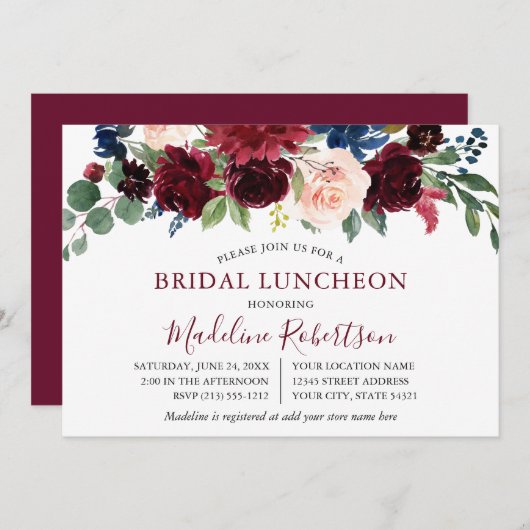 Waterverf Burgundy Mixed Floral Bridal Lunch Kaart (Voorkant / Achterkant)