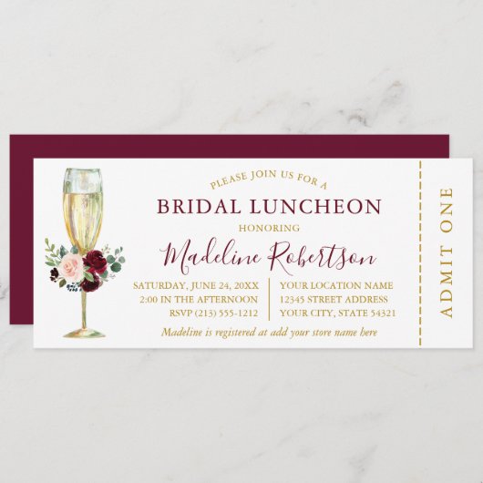 Waterverf Burgundy Mixed Floral Luncheon Ticket Kaart (Voorkant / Achterkant)