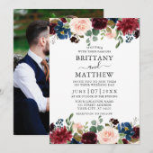 Waterverf Burgundy Mixed Floral Photo Wedding Kaart (Voorkant / Achterkant)