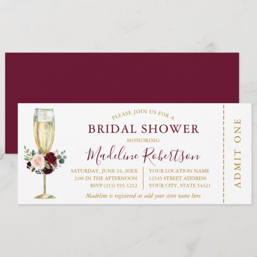 Waterverf Burgundy Mixed Floral Shower Ticket Kaart (Voorkant / Achterkant)