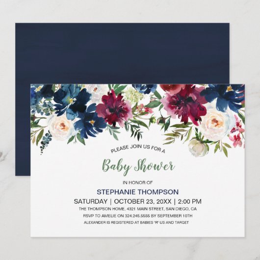 Waterverf Burgundy Navy Flowers Baby shower Kaart (Voorkant / Achterkant)