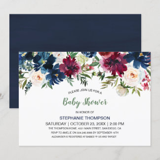 Waterverf Burgundy Navy Flowers Baby shower Kaart
