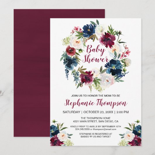 Waterverf Burgundy Navy Flowers Baby shower Kaart (Voorkant / Achterkant)
