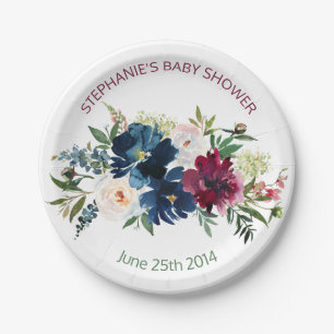 Waterverf Burgundy Navy Flowers Baby shower Papieren Bordje