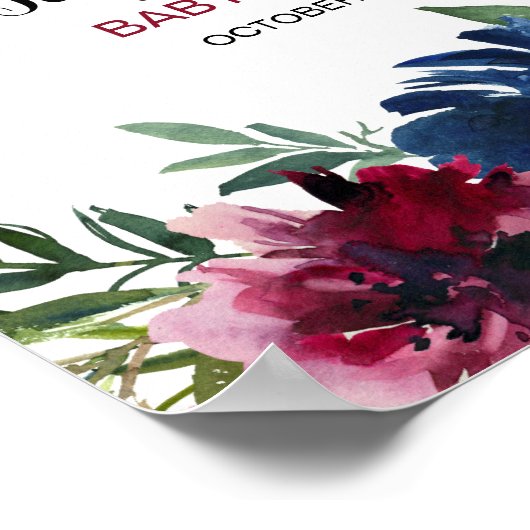 Waterverf Burgundy Navy Flowers Baby shower Poster (Hoek)