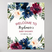 Waterverf Burgundy Navy Flowers Baby shower Poster (Voorkant)