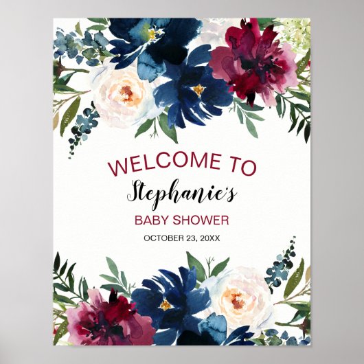Waterverf Burgundy Navy Flowers Baby shower Poster (Voorkant)