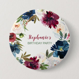 Waterverf Burgundy Navy Flowers Birthday Ronde Button 7,6 Cm