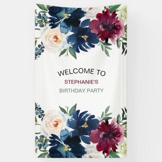 Waterverf Burgundy Navy Flowers Birthday Spandoek (Verticaal)