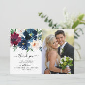 Waterverf Burgundy Navy Flowers Weddenschap Hartel Bedankkaart (Staand voorkant)