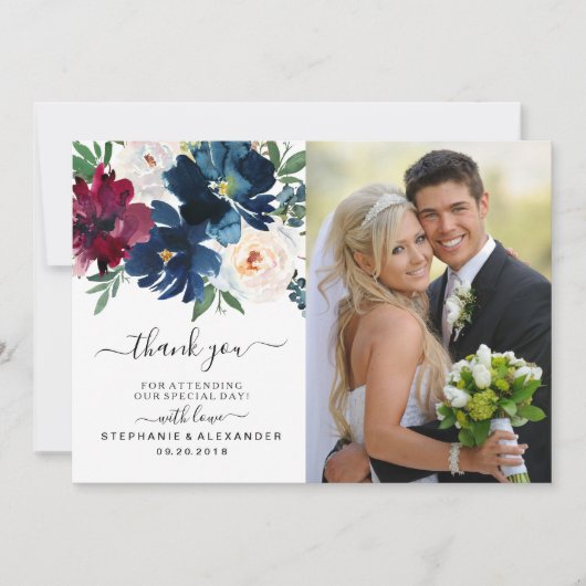Waterverf Burgundy Navy Flowers Weddenschap Hartel Bedankkaart (Voorkant)