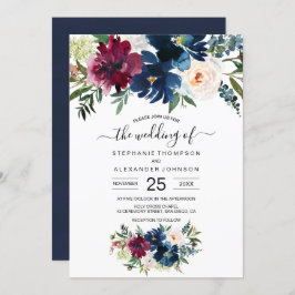 Waterverf Burgundy Navy Flowers Wedding Kaart