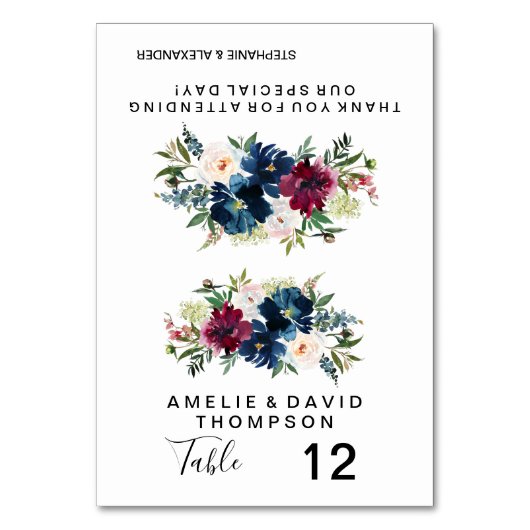 Waterverf Burgundy Navy Flowers Wedding Kaart (Voorkant)