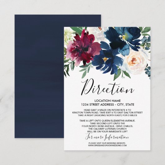 Waterverf Burgundy Navy Flowers Wedding Kaart (Voorkant / Achterkant)