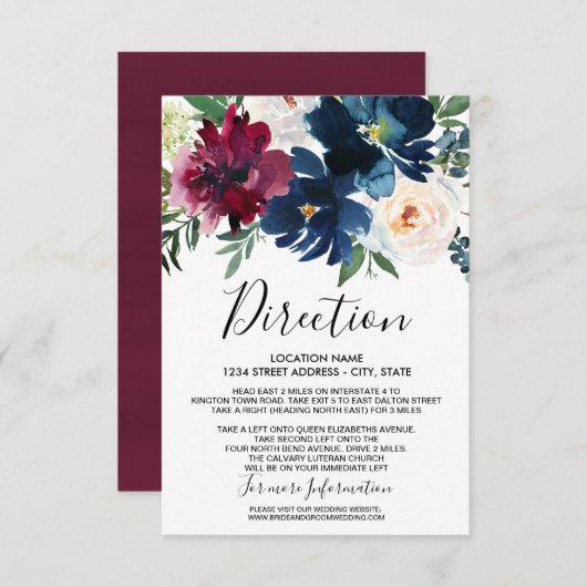 Waterverf Burgundy Navy Flowers Wedding Kaart (Voorkant / Achterkant)