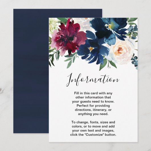 Waterverf Burgundy Navy Flowers Wedding Kaart (Voorkant / Achterkant)