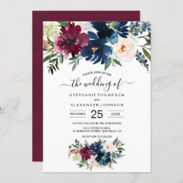 Waterverf Burgundy Navy Flowers Wedding Kaart