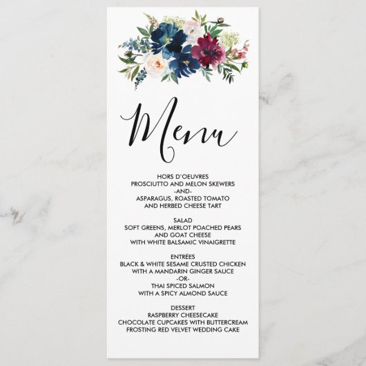 Waterverf Burgundy Navy Flowers Wedding Menu (Voorkant)