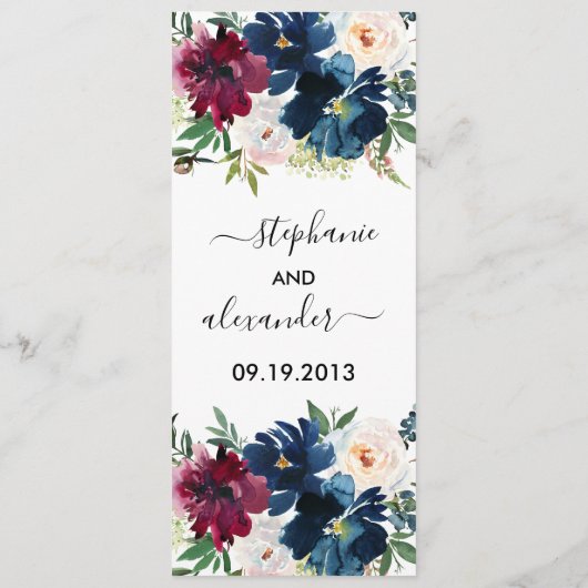 Waterverf Burgundy Navy Flowers Wedding Menu (Achterkant)