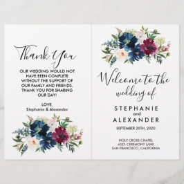 Waterverf Burgundy Navy Flowers Wedding Program