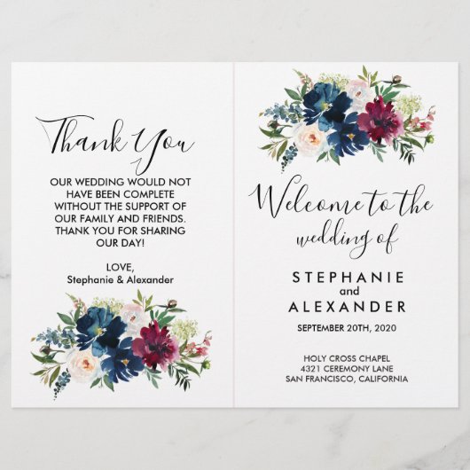 Waterverf Burgundy Navy Flowers Wedding Program (Voorkant)