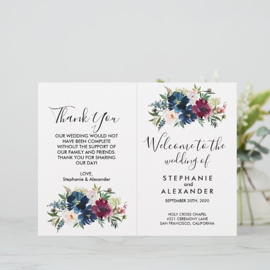 Waterverf Burgundy Navy Flowers Wedding Program (Staand voorkant)