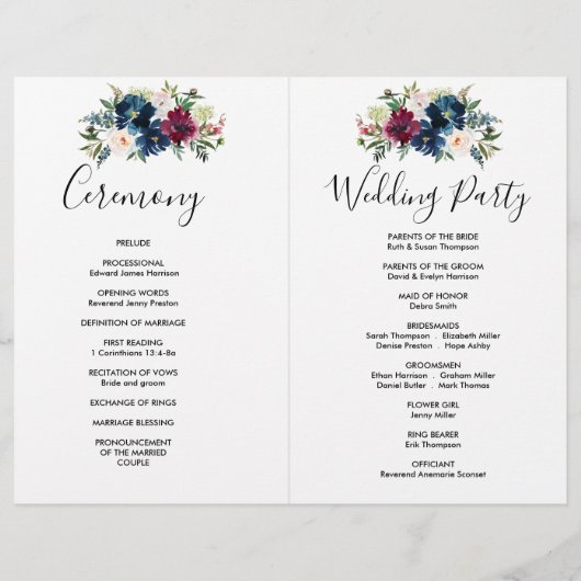 Waterverf Burgundy Navy Flowers Wedding Program (Achterkant)