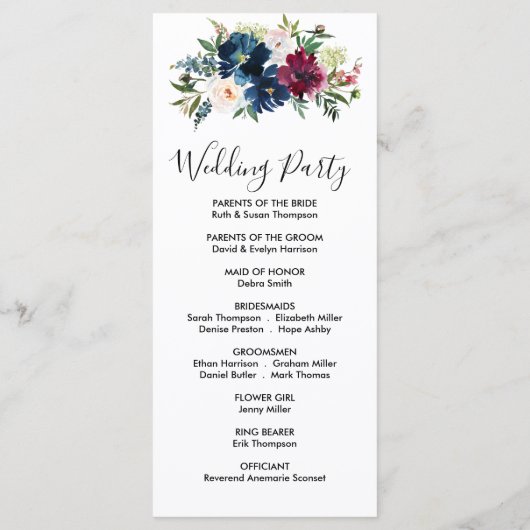 Waterverf Burgundy Navy Flowers Wedding Program Programmakaart (Achterkant)