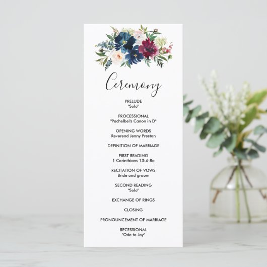 Waterverf Burgundy Navy Flowers Wedding Program Programmakaart (Staand voorkant)