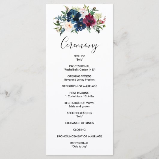 Waterverf Burgundy Navy Flowers Wedding Program Programmakaart (Voorkant)