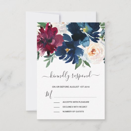 Waterverf Burgundy Navy Flowers Wedding RSVP Kaartje (Voorkant)