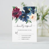 Waterverf Burgundy Navy Flowers Wedding RSVP Kaartje (Staand voorkant)