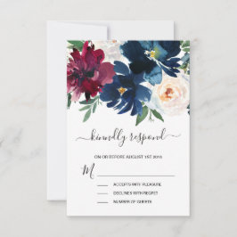 Waterverf Burgundy Navy Flowers Wedding RSVP Kaartje