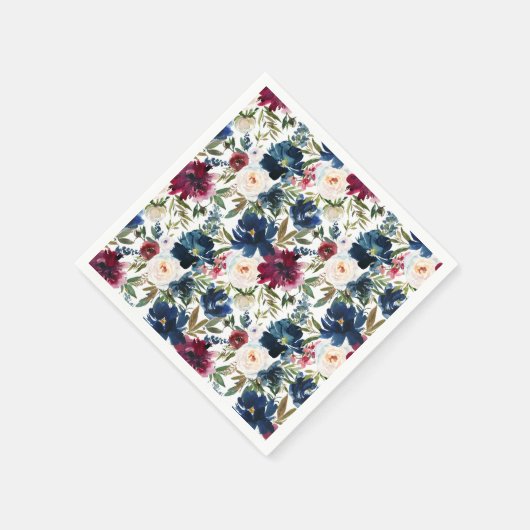 Waterverf Burgundy Navy Flowers Wedding Servet (Hoek)