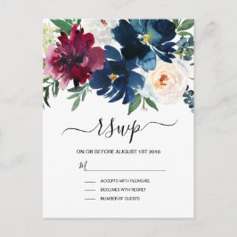 Waterverf Burgundy Navy Flowers Wedding Uitnodiging Briefkaart