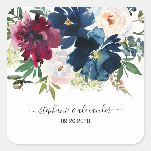 Waterverf Burgundy Navy Flowers Wedding Vierkante Sticker (Voorkant)