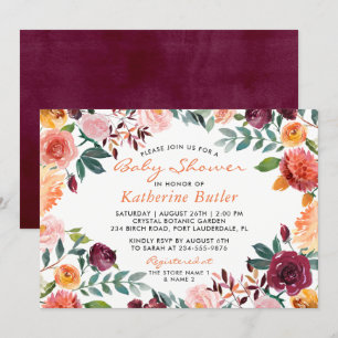 Waterverf Burgundy Oranje Pink Floral Baby shower Kaart