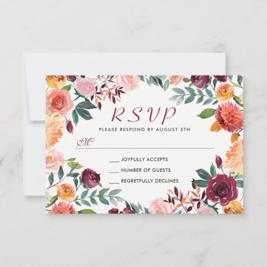 Waterverf Burgundy Oranje Roze Floral Wreath RSVP (Voorkant)