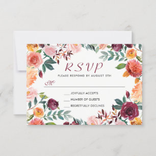 Waterverf Burgundy Oranje Roze Floral Wreath RSVP Kaartje