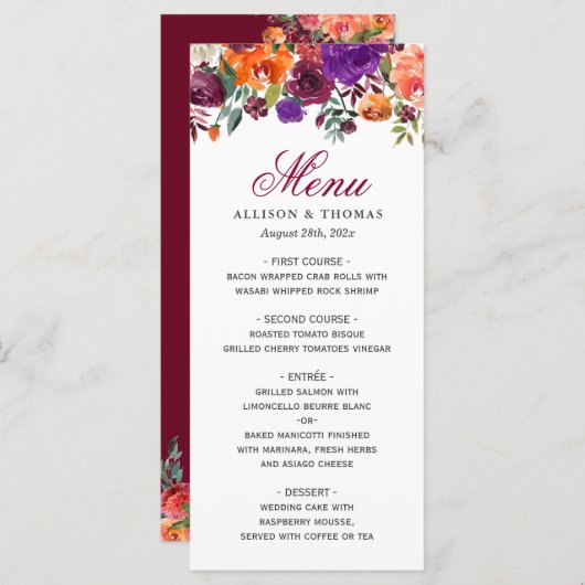 Waterverf Burgundy Paars Floral Wedding Menu (Voorkant / Achterkant)