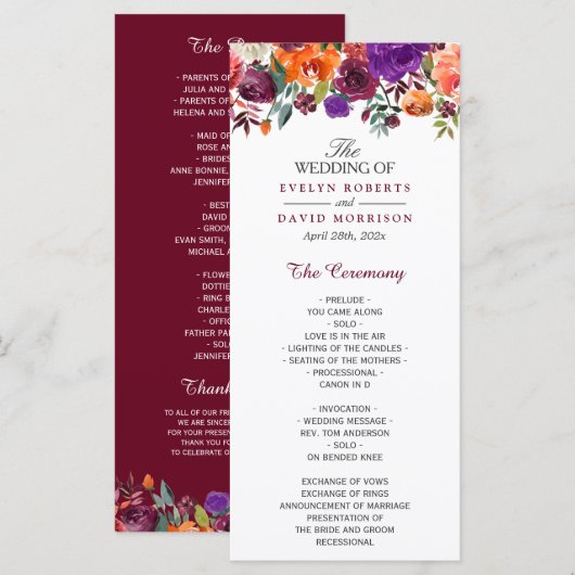 Waterverf Burgundy Paars Sinaasappel Floral Weddin Programmakaart (Voorkant / Achterkant)