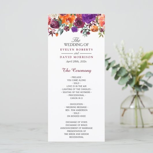 Waterverf Burgundy Paars Sinaasappel Floral Weddin Programmakaart (Staand voorkant)